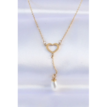 ÇOK SATAN 316L Çelik Zincir Gold Renk İnci Taş Detay Kalp Kolye