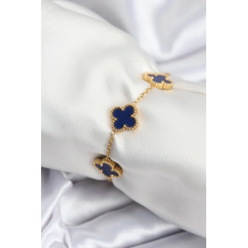 ÇOK SATAN 316L Çelik Zincir Gold Renk Lacivert Yonca Kadın Bileklik