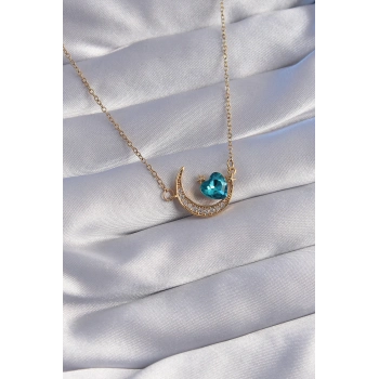 ÇOK SATAN 316L Çelik Zincir Gold Renk Mavi Zirkon Taşlı Ay Tasarımlı Kolye