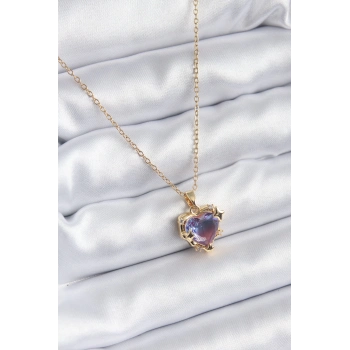ÇOK SATAN 316L Çelik Zincir Gold Renk Mor Renk Zirkon Taşlı Kalp Model Kadın Kolye