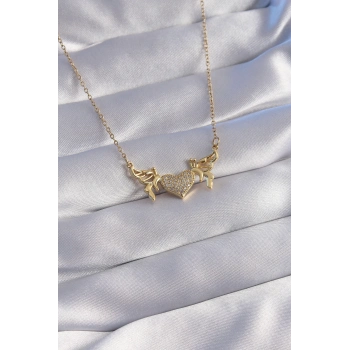 ÇOK SATAN 316L Çelik Zincir Gold Renk Zirkon Taşlı Kalp Model Kelebek Detay Kolye