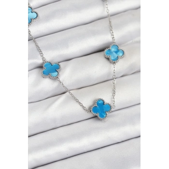 ÇOK SATAN 316L Çelik Zincir Gümüş Buz Mavisi Renk Yonca Kadın Kolye