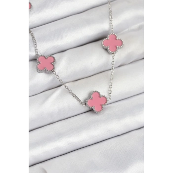 ÇOK SATAN 316L Çelik Zincir Gümüş Pembe Renk Yonca Kadın Kolye