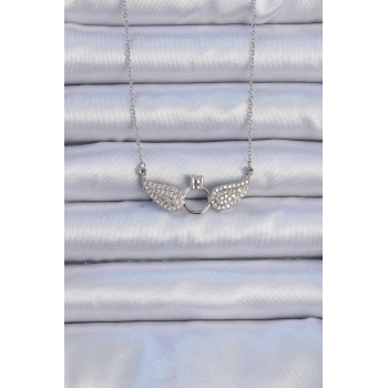 ÇOK SATAN 316L Çelik Zincir Gümüş Renk Kanatlı Tektaş Kolye