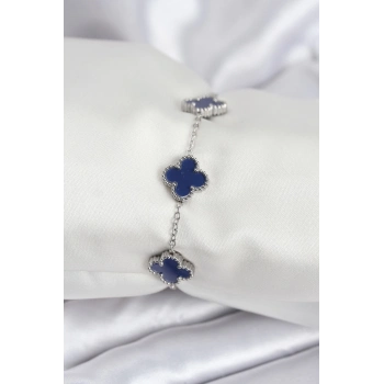 ÇOK SATAN 316L Çelik Zincir Gümüş Renk Lacivert Yonca Kadın Bileklik