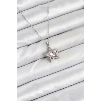 ÇOK SATAN 316L Çelik Zincir Gümüş Renk Pembe Taşlı Yıldız Model Kadın Kolye