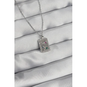 ÇOK SATAN 316L Çelik Zincir Gümüş Renk Renkli Zirkon Taşlı Vintage Kolye