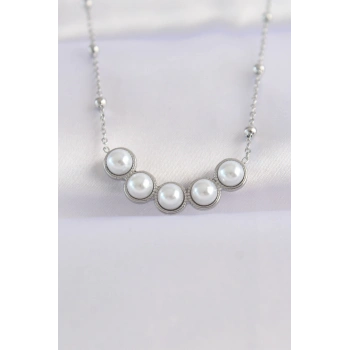 ÇOK SATAN 316L Çelik Zincir Gümüş Renk Sıralı İnci Taşlı Kolye