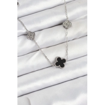 ÇOK SATAN 316L Çelik Zincir Gümüş Renk Siyah ve Zirkon Taşlı Yonca Kadın Kolye