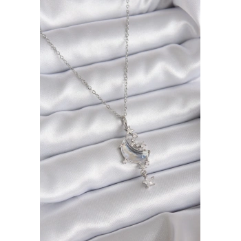 ÇOK SATAN 316L Çelik Zincir Gümüş Renk Zirkon Taşlı Ay Model Sallantı Yıldız Detay Kadın Kolye