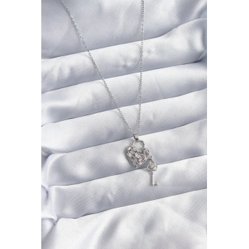 ÇOK SATAN 316L Çelik Zincir Gümüş Renk Zirkon Taşlı Kalp & Anahtar Model Kadın Kolye