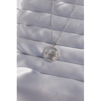 ÇOK SATAN 316L Çelik Zincir Gümüş Renk Zirkon Taşlı Yıldız Figürlü Oval Kolye