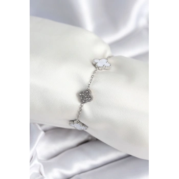 ÇOK SATAN 316L Çelik Zincir Gümüş Renk Zirkon Taşlı Yonca Beyaz Kadın Bileklik