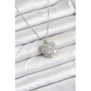 ÇOK SATAN 316L Çelik Zincir Gümüş Zirkon Taşlı Kalpli Kadın Kolye