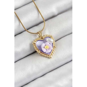 ÇOK SATAN 316L Çelik Zincir Mor Sanatsal Portre İnci Detaylı Papatya Figürlü Kalp Model Gold Renk Kadın Kolye