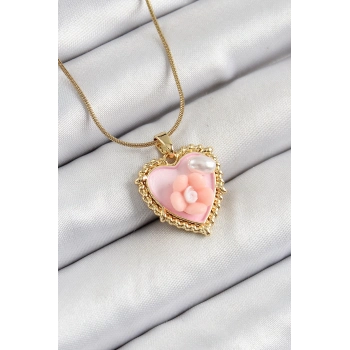 ÇOK SATAN 316L Çelik Zincir Pembe Sanatsal Portre İnci Detaylı Papatya Figürlü Kalp Model Gold Renk Kadın Kolye