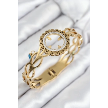 ÇOK SATAN 316L Çelik Zirkon Taşlı Çeyrek Takılabilir Gold Renk Kelepçe