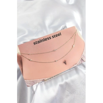 ÇOK SATAN 316L Çelik Zirkon Taşlı Damla Model Gold Renk Göbek Bel Zinciri