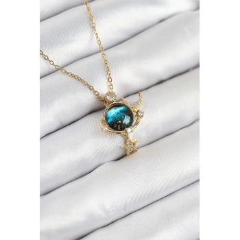 ÇOK SATAN 316L Çelik Zirkon Taşlı Gezegen Model Gold Renk Kadın Kolye
