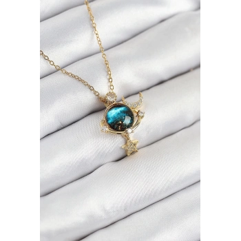 ÇOK SATAN 316L Çelik Zirkon Taşlı Gezegen Model Gold Renk Kadın Kolye