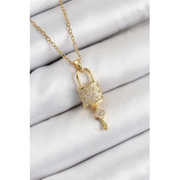 ÇOK SATAN 316L Çelik Zirkon Taşlı Kilit Ve Sallantılı Anahtar Model Gold Renk Kadın Kolye