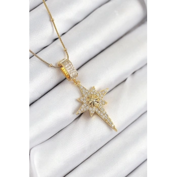 ÇOK SATAN 316L Çelik Zirkon Taşlı Kutup Yıldızı Model Gold Renk Kadın Kolye