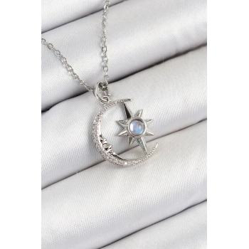 ÇOK SATAN 316L Çelik Zirkon Taşlı Kutup Yıldızlı Hilal Model Gümüş Renk Kadın Kolye
