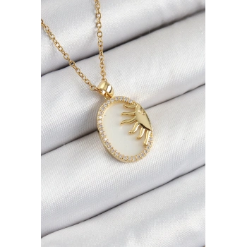 ÇOK SATAN 316L Çelik Zirkon Taşlı Yarım Güneş Model Gold Renk Kadın Kolye