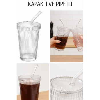 ÇOK SATAN 32 Adet Latte Kapaklı Pipetli Kristal Desen Fenomen Bardak Soğuk Kahve, Smoothie, İçecek Bardağı