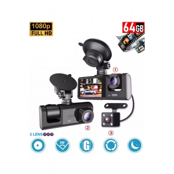 ÇOK SATAN 64GB Araç İçi Kamera 3 Kameralı (Yol + Araç İçi+ Arka) FHD Video Kayıt Mikrofonlu Türkçe CC-33