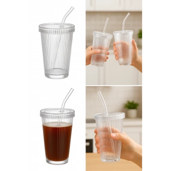 ÇOK SATAN 8 Adet Latte Kapaklı Pipetli Kristal Desen Fenomen Bardak Soğuk Kahve, Smoothie, İçecek Bardağı