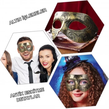 ÇOK SATAN Altın Eskitme Yüz Maskesi - Antik Tarz Balo Maskesi