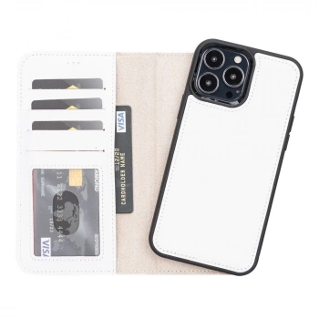 ÇOK SATAN Apple iPhone 13 Pro Max Uyumlu Deri Cüzdanlı Kılıf F3 Beyaz