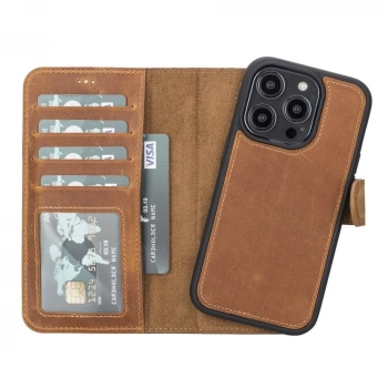 ÇOK SATAN Apple iPhone 14 Pro Uyumlu Deri Cüzdanlı Kılıf MWWN G19 Taba