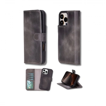 ÇOK SATAN Apple iPhone 16 Pro uyumlu, Hakiki Deri, El Yapımı, Cüzdanlı Kılıf, Gölgeli Gri