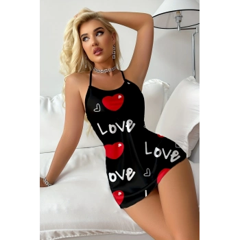 ÇOK SATAN Aşk Temalı Kalp Desenli Siyah Saten Gecelik