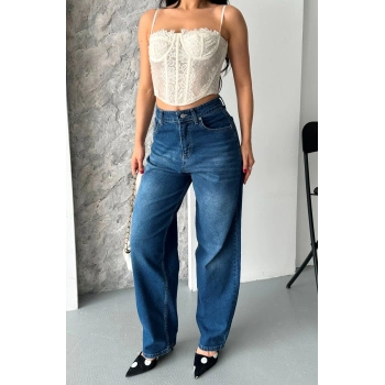 ÇOK SATAN Baggy süper taş bıyık yıkama koyu mavi jeans pantolon d2007