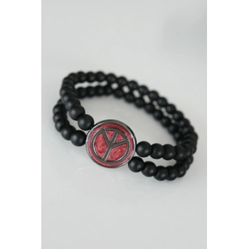 ÇOK SATAN Barış Figürlü Bordo Renk Füme Metal Aksesuarlı Çift Sıra Oniks Doğal Taş Erkek Bileklik