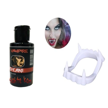 ÇOK SATAN Beyaz Renk Çift Damak Takma Vampir Dişi ve 50 gr Tiyatro Kanı Set