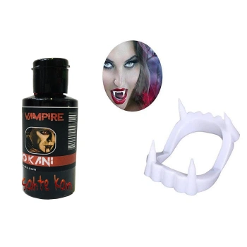 ÇOK SATAN Beyaz Renk Çift Damak Takma Vampir Dişi Ve 50 Gr Tiyatro Kanı Set