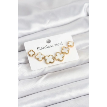 ÇOK SATAN BFS 316L Çelik Gold Beyaz Renk 3 Boy Yonca Küpe Seti
