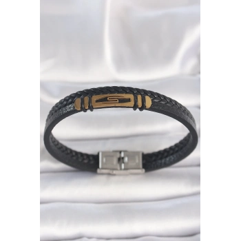 ÇOK SATAN BFS 316L Çelik Gold Renk Aksesuarlı Çift Sıra Siyah Burgu Desenli Deri Kordon Erkek Bileklik