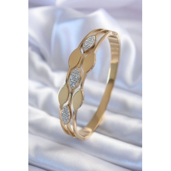 ÇOK SATAN BFS 316L Çelik Gold Renk Arpa Model Zirkon Taş Detay Kadın Kelepçe Bileklik
