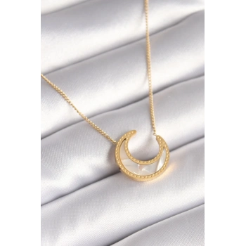 ÇOK SATAN BFS 316L Çelik Gold Renk Beyaz Sedefli Hilal Model Kadın Kolye