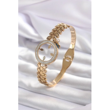 ÇOK SATAN BFS 316L Çelik Gold Renk Çeyrek Takılabilen Zirkon Taş Detay Kadın Kelepçe