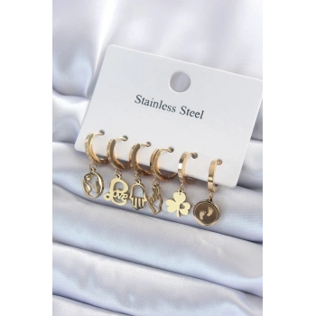 ÇOK SATAN BFS 316L Çelik Gold Renk Çoklu Figür Model Kadın Küpe Seti