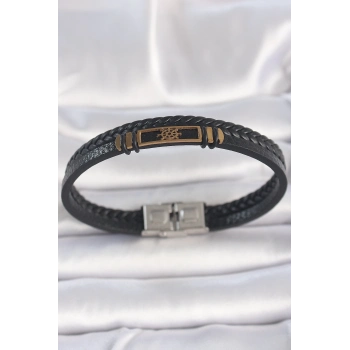 ÇOK SATAN BFS 316L Çelik Gold Renk Gemi Dümeni Aksesuarlı Çift Sıra Burgu Desenli Deri Kordon Erkek Bileklik