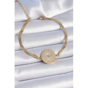 ÇOK SATAN BFS 316L Çelik Gold Renk İtalyan Zincir Zirkon Taşlı Göz İşlemeli Madalyon Model Kadın Bileklik