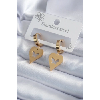 ÇOK SATAN BFS 316L Çelik Gold Renk Kalp Model Kelebek İşleme Kadın Küpe