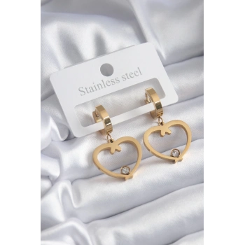 ÇOK SATAN BFS 316L Çelik Gold Renk Kalp Model Zirkon Taş Detay Kadın Küpe